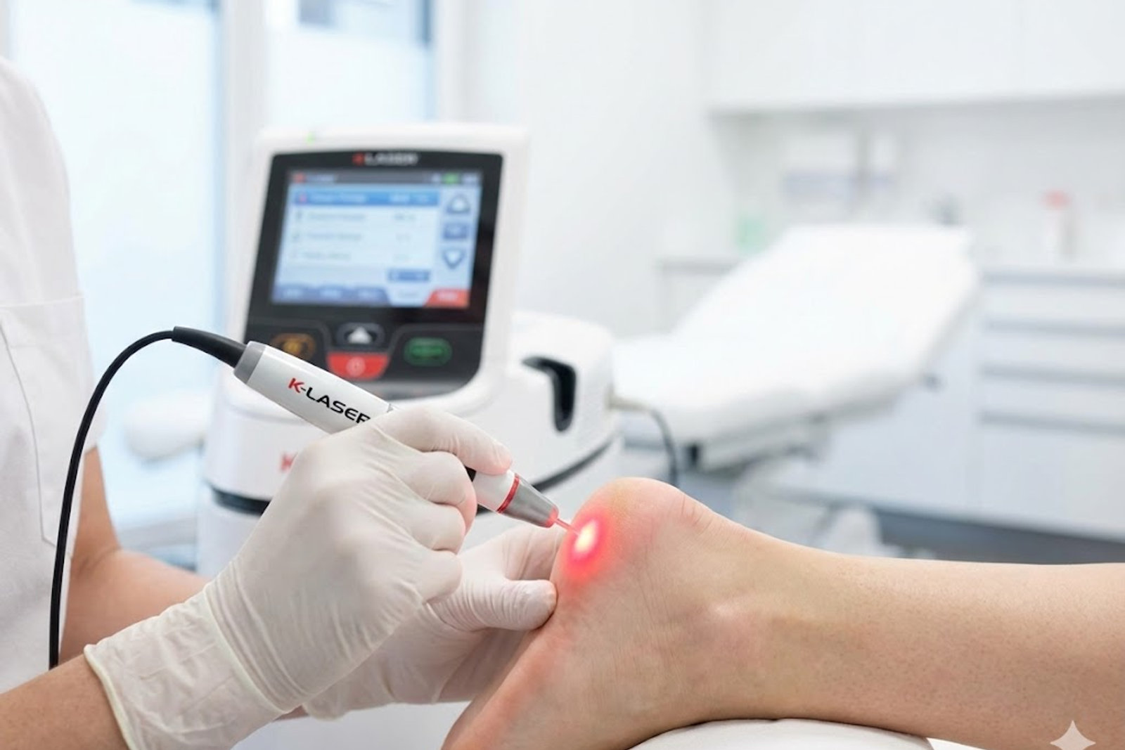 A clinician applying K-Laser therapy to a patient’s heel